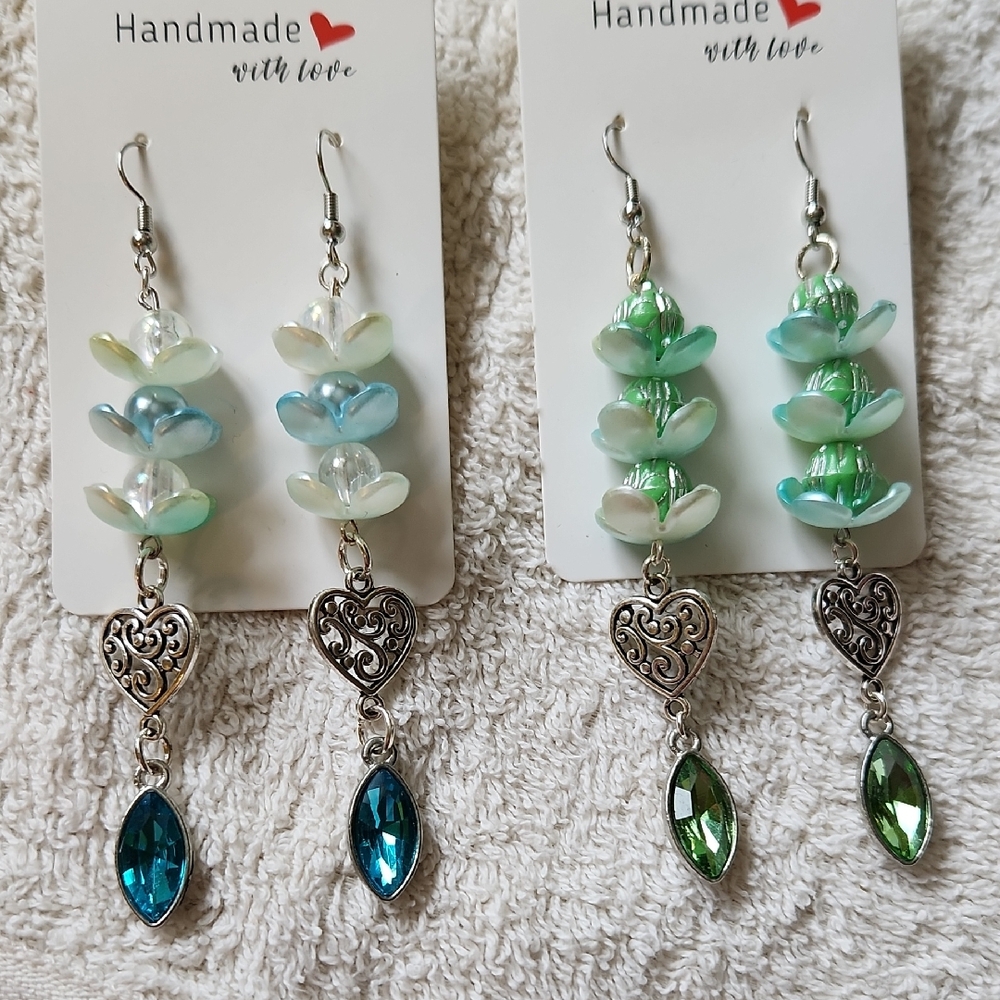 Handmade Dangle Earrings with Blue and Green Beads and Heart Charms
